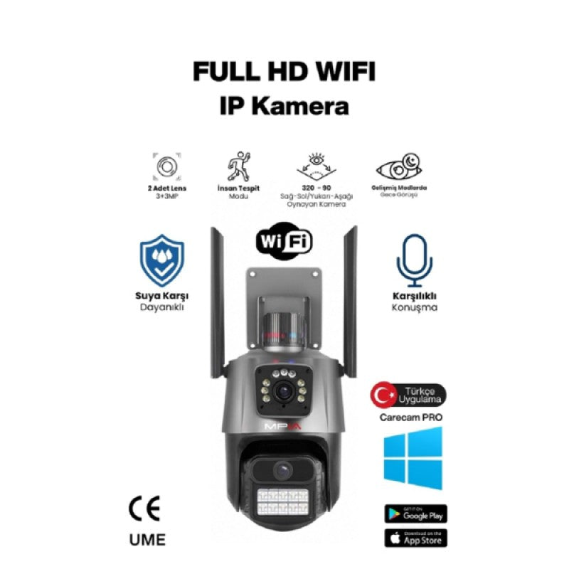 3 MP + 3 MP Çift Lens Wi-Fi TF Kart Girişli Güvenlik Kamerası