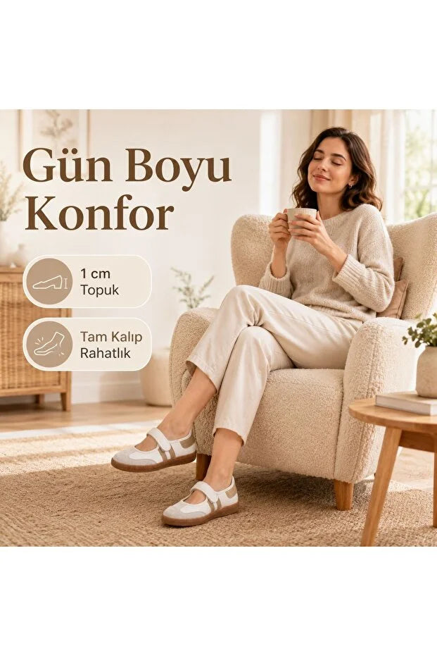 Menja Cilt Gold Detaylı Cırt Cırtlı Mary Jane Babet  Ayakkabı - Beyaz