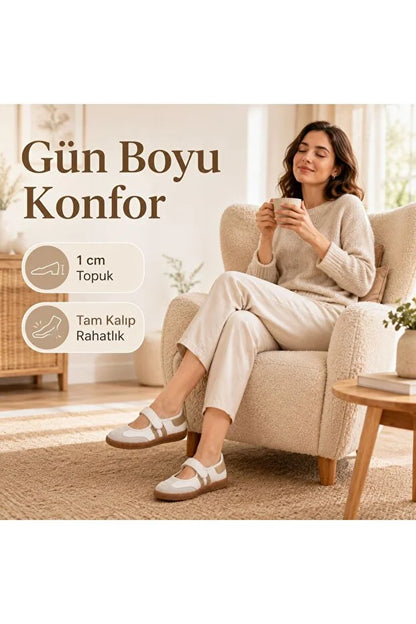 Menja Cilt Gold Detaylı Cırt Cırtlı Mary Jane Babet  Ayakkabı - Beyaz