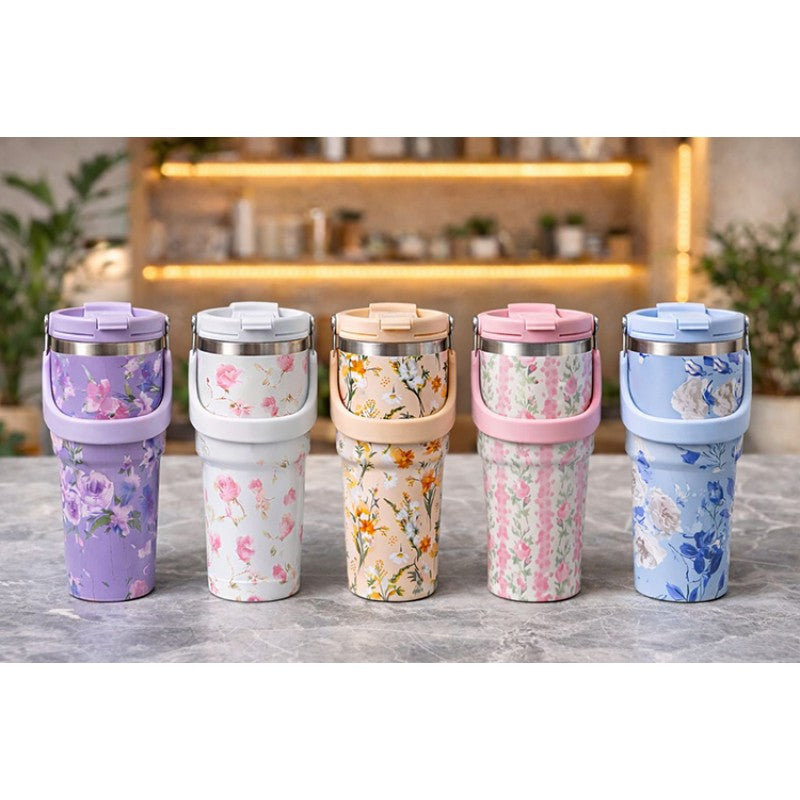 Çiçek Desenli 900 ml Taşıma Kulplu Paslanmaz Çelik Termos Mug Bardak