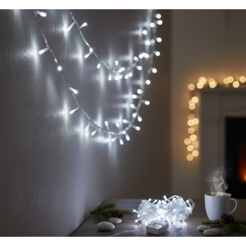 Damla Uçlu Beyaz Işık Şeffaf Kablo 10m 100 Led